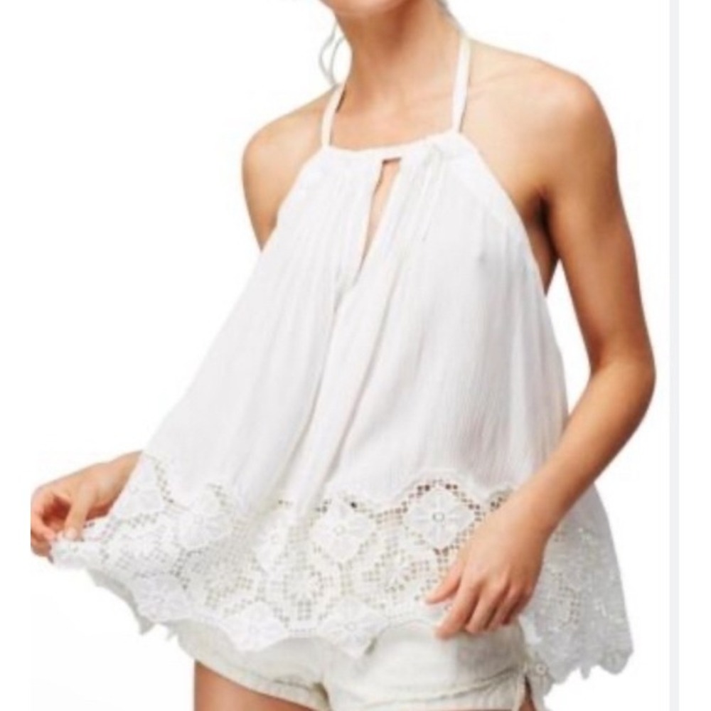 Free People White Gauze Halter Tie Top Crochet Lace Hem Open Back Boho XS NEW